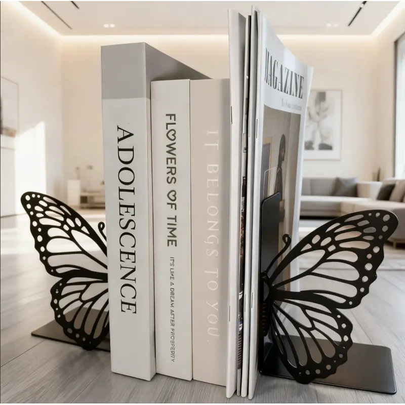 Butterfly Metal Bookends, Decorative Book Holder for Desk, Fantasy Style Book Supports, Home & Office Desktop Organizer, Decorative Shelf Accessory for Books