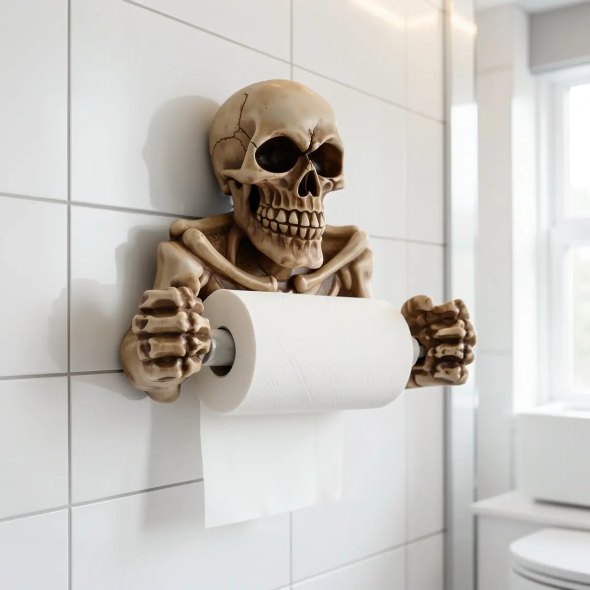 1-Piece Industrial Grade Skull Wall Toilet Paper Holder Organizer Kit, High-Strength Anti-Deform Skeleton Shape Tissue Roll Rack, Ergonomic Spooky Bathroom Towel Hanging Hook for Horror Escape Room Defense, Ultimate Hardware Upgrade Pack
