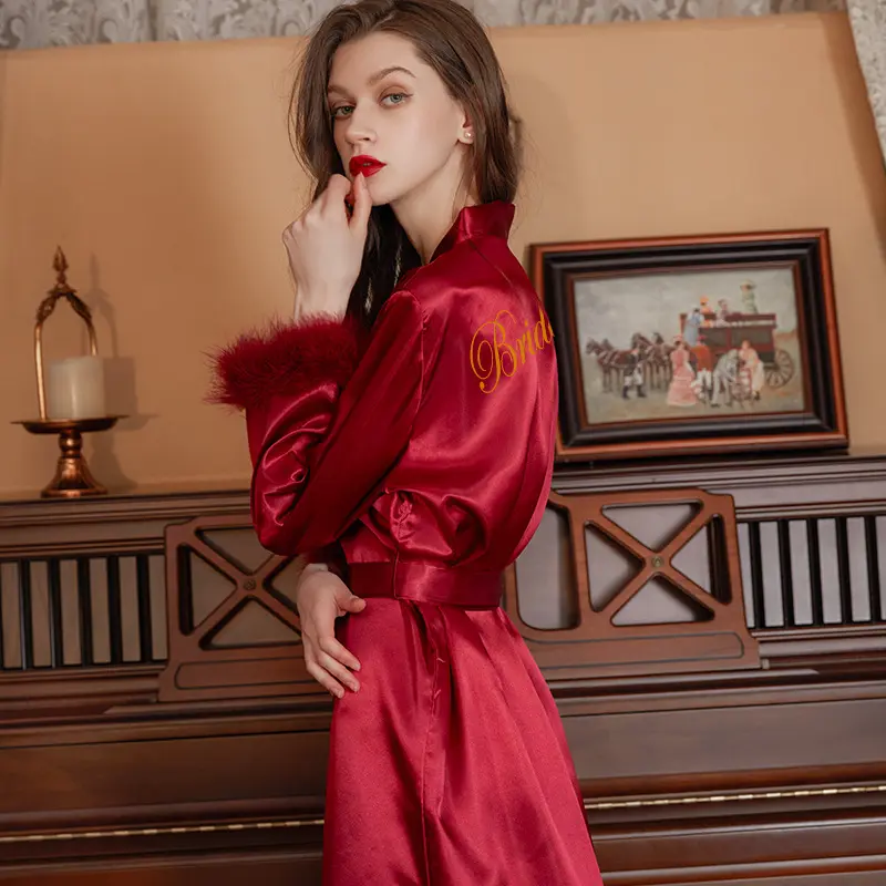 Elegant Satin Bridal Robe for Women, Long Sleeve Loungewear with 'Bride' Embroidery, Contrast Lace, and Belt, Polyester Clothes Gowns Nightwear