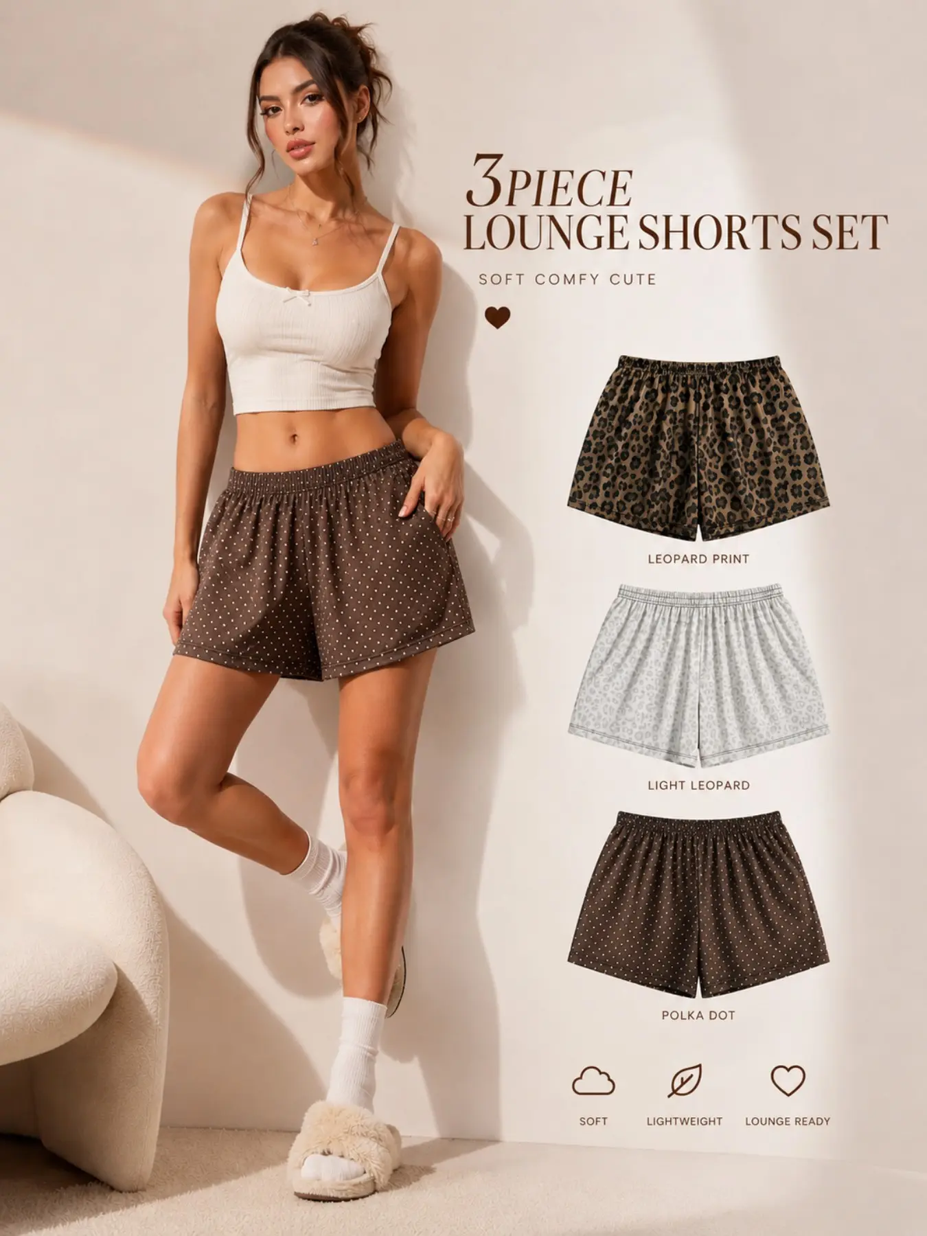 Women's 3-Piece Lounge Shorts Set Soft Comfy Pajama Shorts Pjs Bundle Casual Sleepwear & Loungewear for Home