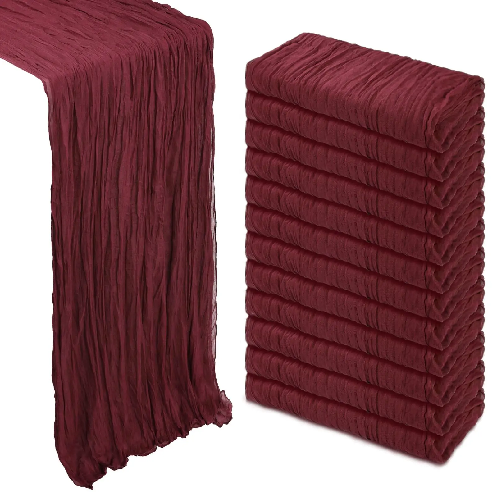 Pleated Sheer Gauze Cheesecloth Table Runner 6/12 Pack - 17x108 in Polyester Semi-Sheer Boho Fabric, Elegant Design, Burgundy, Light Blue, Hot Pink Options, All-Season Decorations for Weddings, Home Decor; Avoid Direct Sunlight