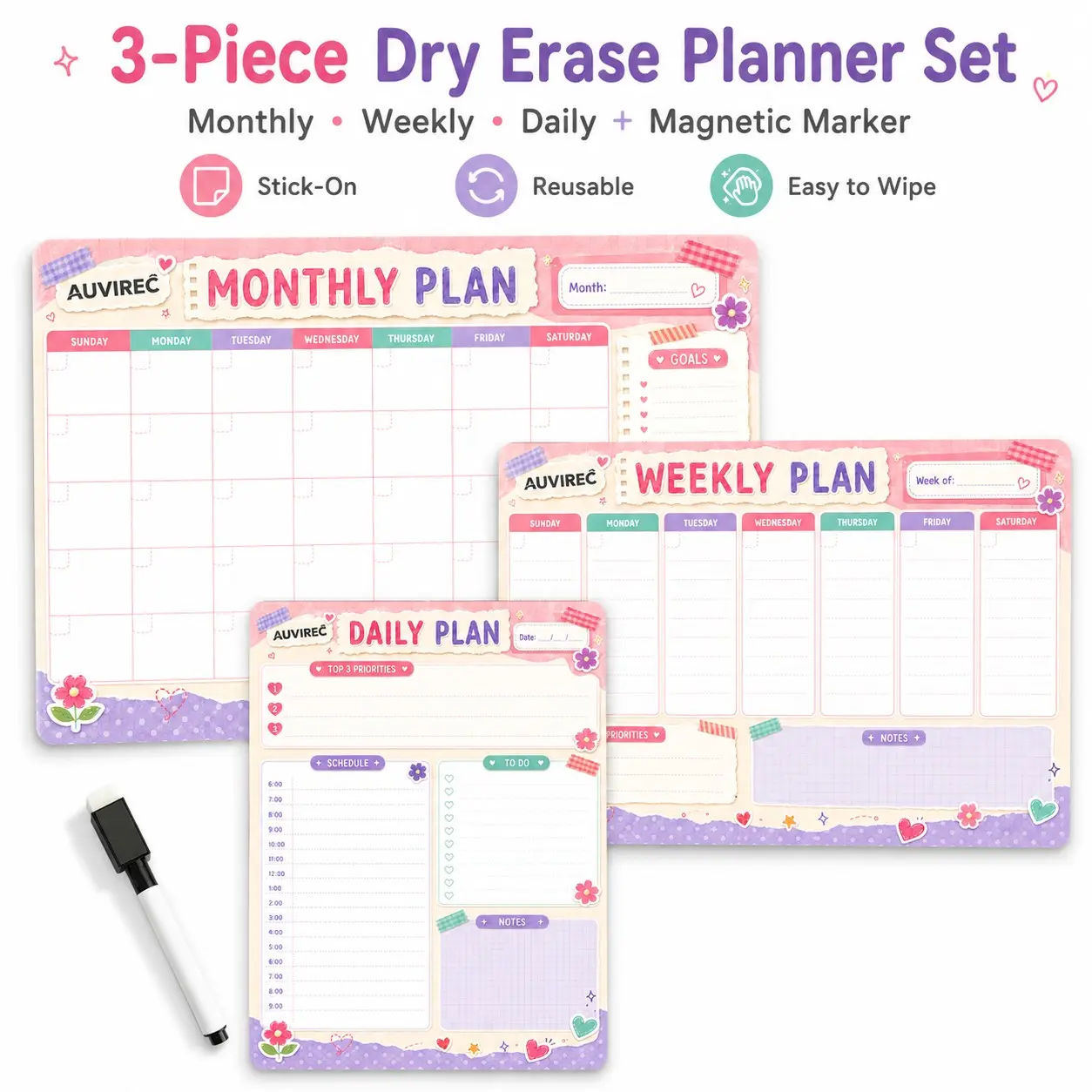 Auvirec 3-Piece Planner Set, Reusable Dry Erase Calendar, Pet Material, Includes Marker, Home Refrigerator Wall Organizer