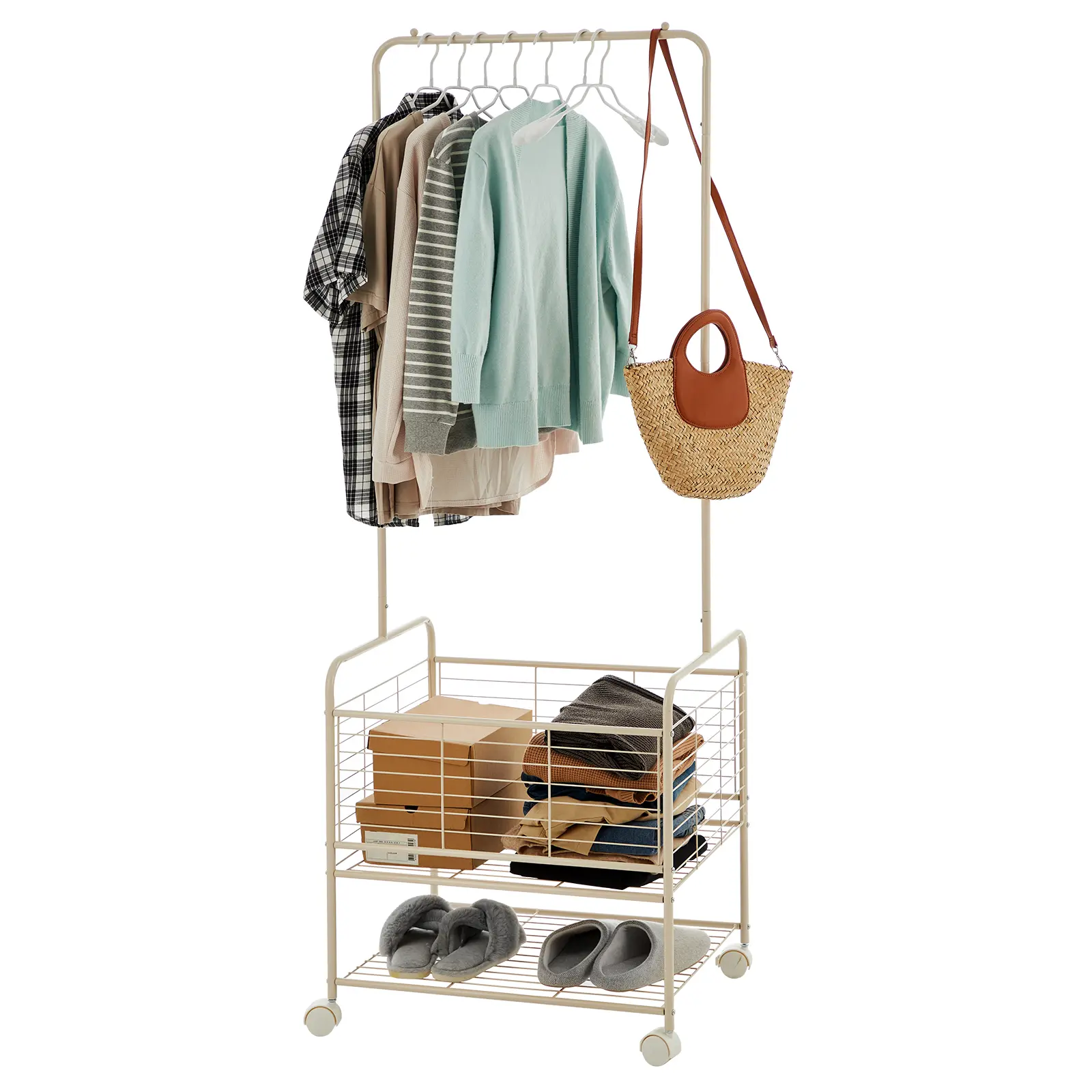 Metal Laundry Cart with Hanging Rack & Storage Shelves | 3-In-1 Rolling Hamper with Wheels for Clothes, Towels and Toys | Space Saving Organizer