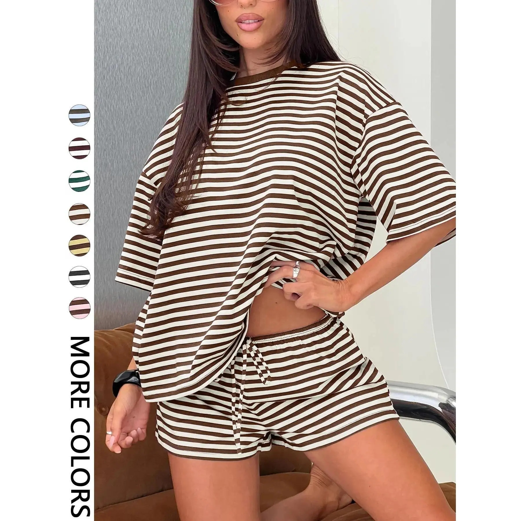 Women’s Striped 2 Piece Lounge Set, Oversized Short Sleeve T Shirt and Drawstring Shorts, Soft Knit Y2K Matching Outfit for Spring Summer