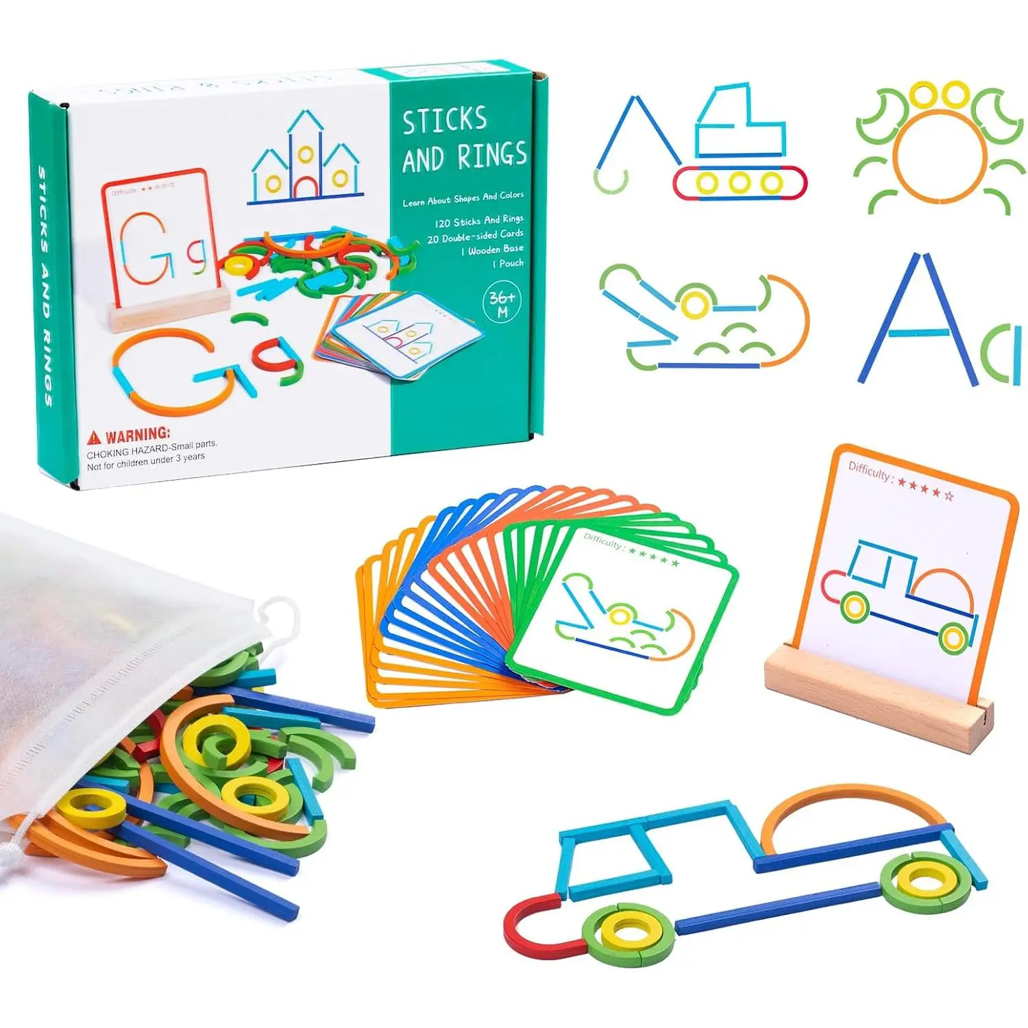 142-Piece Wooden Pattern Blocks Montessori Toy, Geometric Shape Puzzle for Beginner Kids Ages 3-4 Years, Educational STEM Brain Teaser Gift, Montessori Toys, Square, 142Pcs, No Warning Applicable, Wood Puzzles