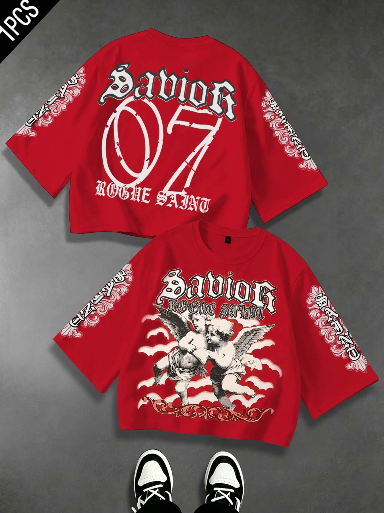 Savior Slogan Double Cupid Angel Men's Three-Quarter Sleeve T-Shirt, Short Style, Unisex, Y2K Gothic Saint Women's T-Shirt, Spring and Autumn Printed Loose Drop Shoulder Short Top, High Street Three-Quarter Sleeve Men's Saint Hip Hop, Menswear