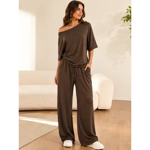 Matching Sets for Women, Loose Boat Neck Top and Elastic Waist Wide Leg Pants, Soft Lounge Set for Travel and Everyday Wear