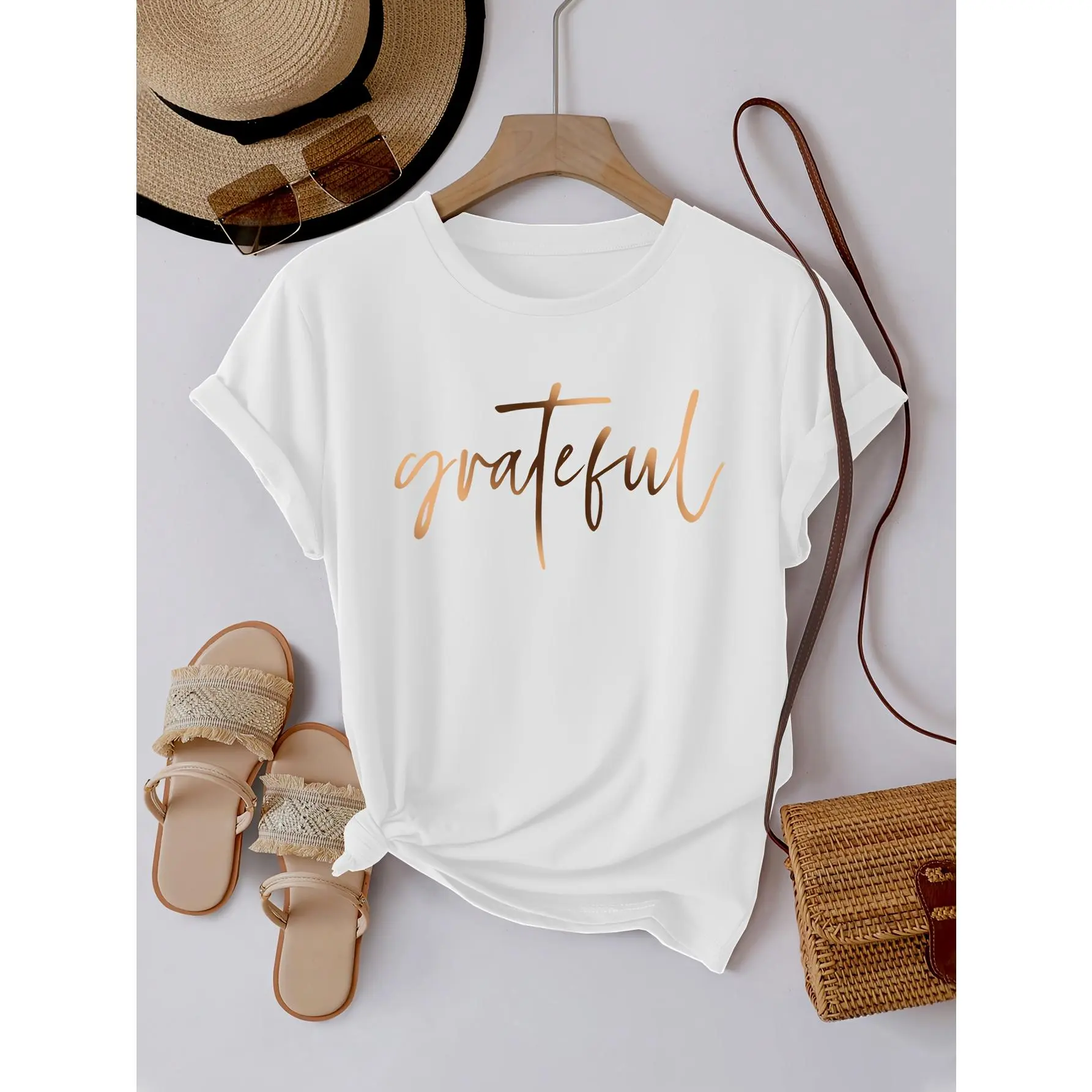 Women's Grateful Cross Printed Pure Cotton Soft Top - Minimalist Faith Graphics, Breathable Fabric, All-Season Spiritual-Aesthetic Casual Wear, Machine Washable, S-5XL, Black, White, Round Neck, Short-Sleeve, Standard Fit, Gift for Her