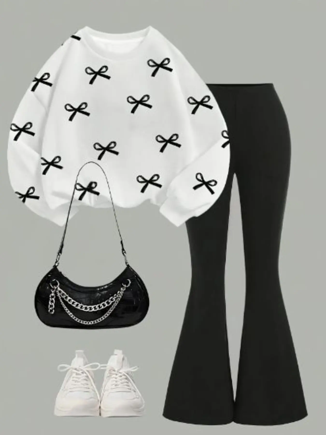 New Arrival Girls' Casual Fashion Set, High-End Designer Style, Cute Butterfly Knot Print, Loose-Fit Round Neck Sweatshirt & Bell Pants, Summer