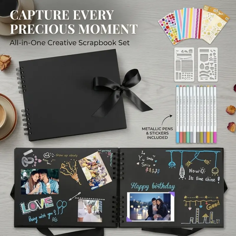 Black scrapbook set equipped with metallic pens, stickers and stencils. The spiral-bound album is perfect for preserving precious moments for weddings, birthdays and other occasions.