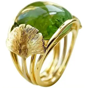 Elegant Exquisite Hand Carved Gingko Leaf Inlaid Synthetic Green Agate Ring Women's Vintage Banquet Festival Jewelry Accessories