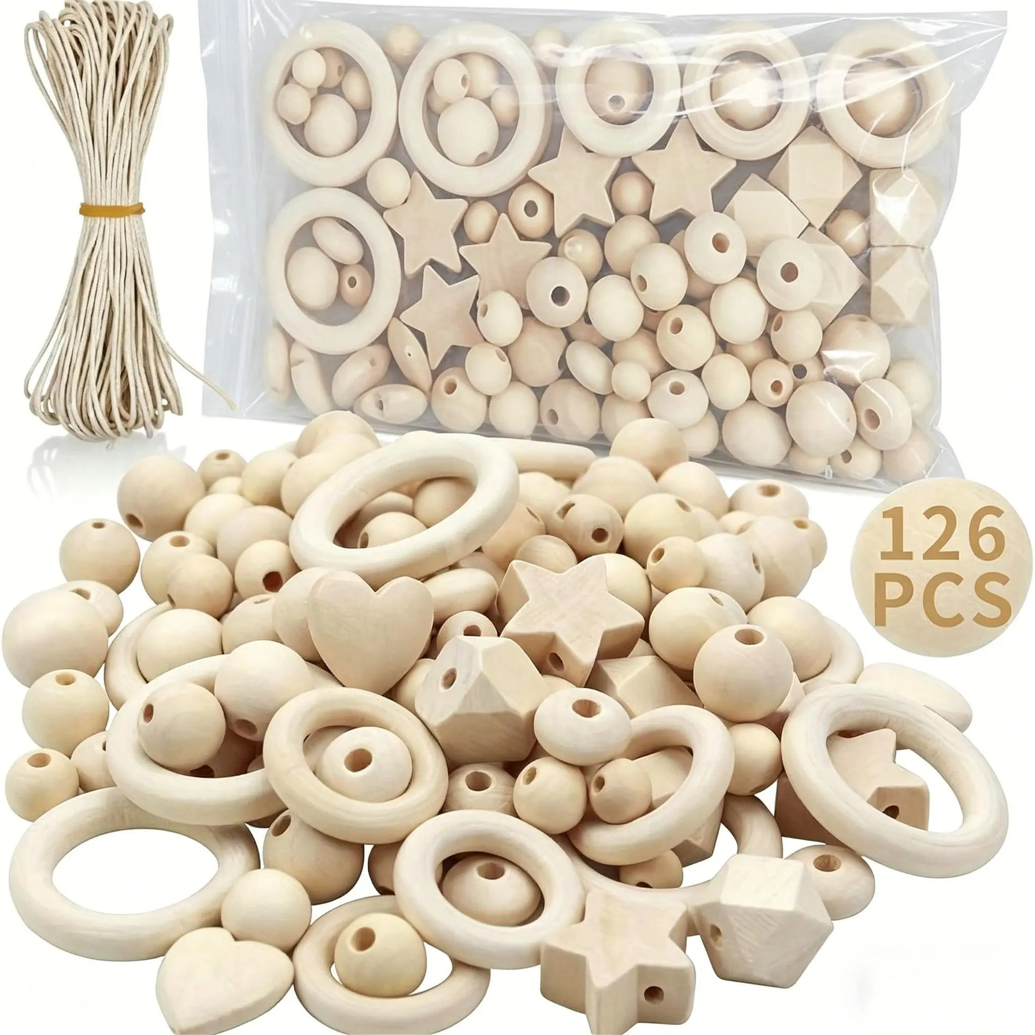 126pcs Wooden Beads for Threading, Natural Wooden Balls with Hole, Wooden Rings, Wood Circles for Crafts DIY Macrame, Round Wooden Beads for Jewelry Accessories