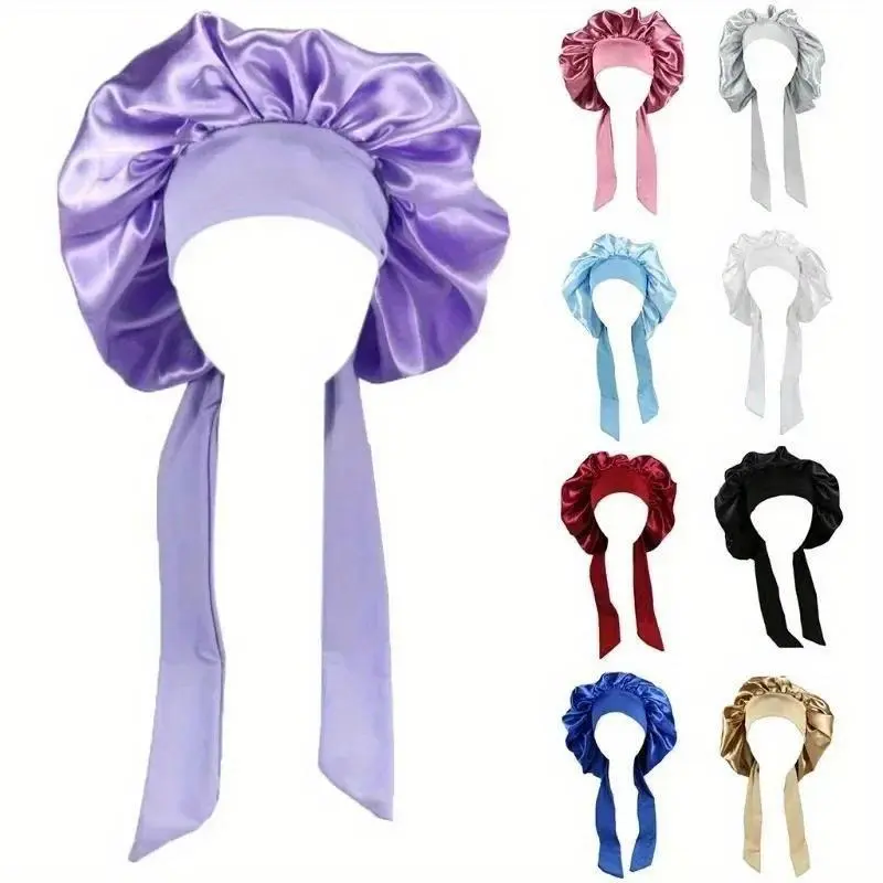 Women Satin Solid Sleeping Hat Night Sleep Cap for Women Reusable Shower Caps Waterproof Solid Sleeping Hair Bonnets Adjustable Cap