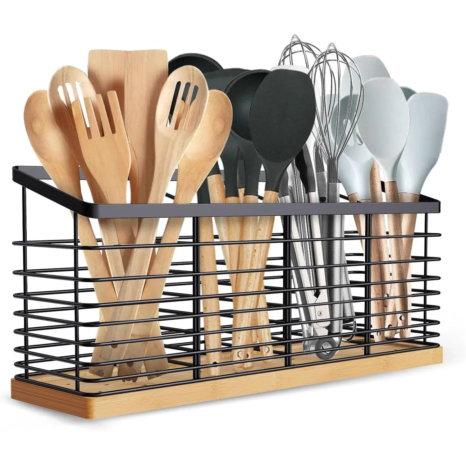 Extra Large 4 Compartments Kitchen Utensil Holder - Matte Black Metal Countertop Organizer with Wooden Base, Farmhouse Rustic Cooking Utensil Storage Organizer