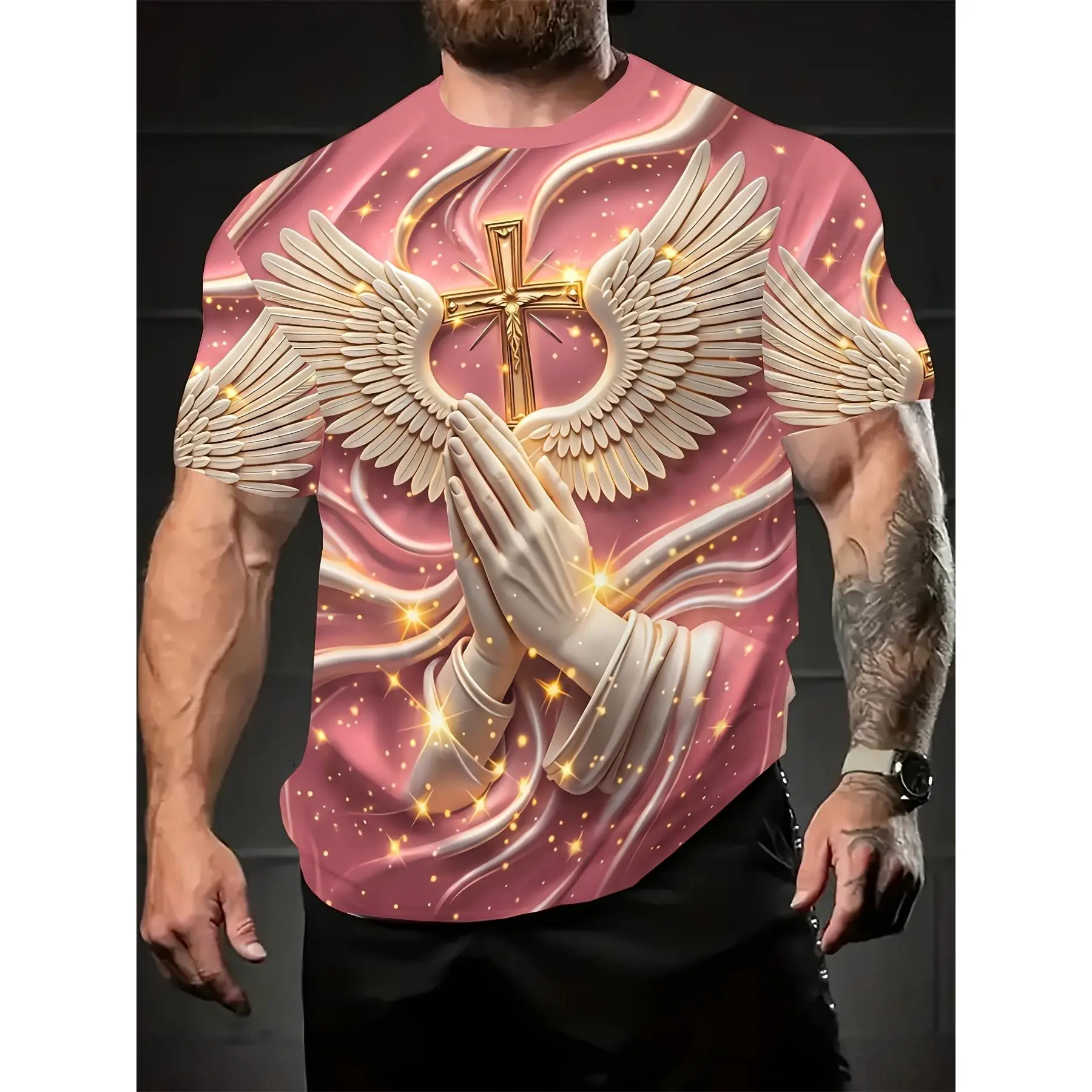 New Religious Prayer Hand Angel Wings Cross Printed Men's Round Neck 3D HD Pattern Short Sleeve Trendy Avant Garde Sports Loose T-shirt