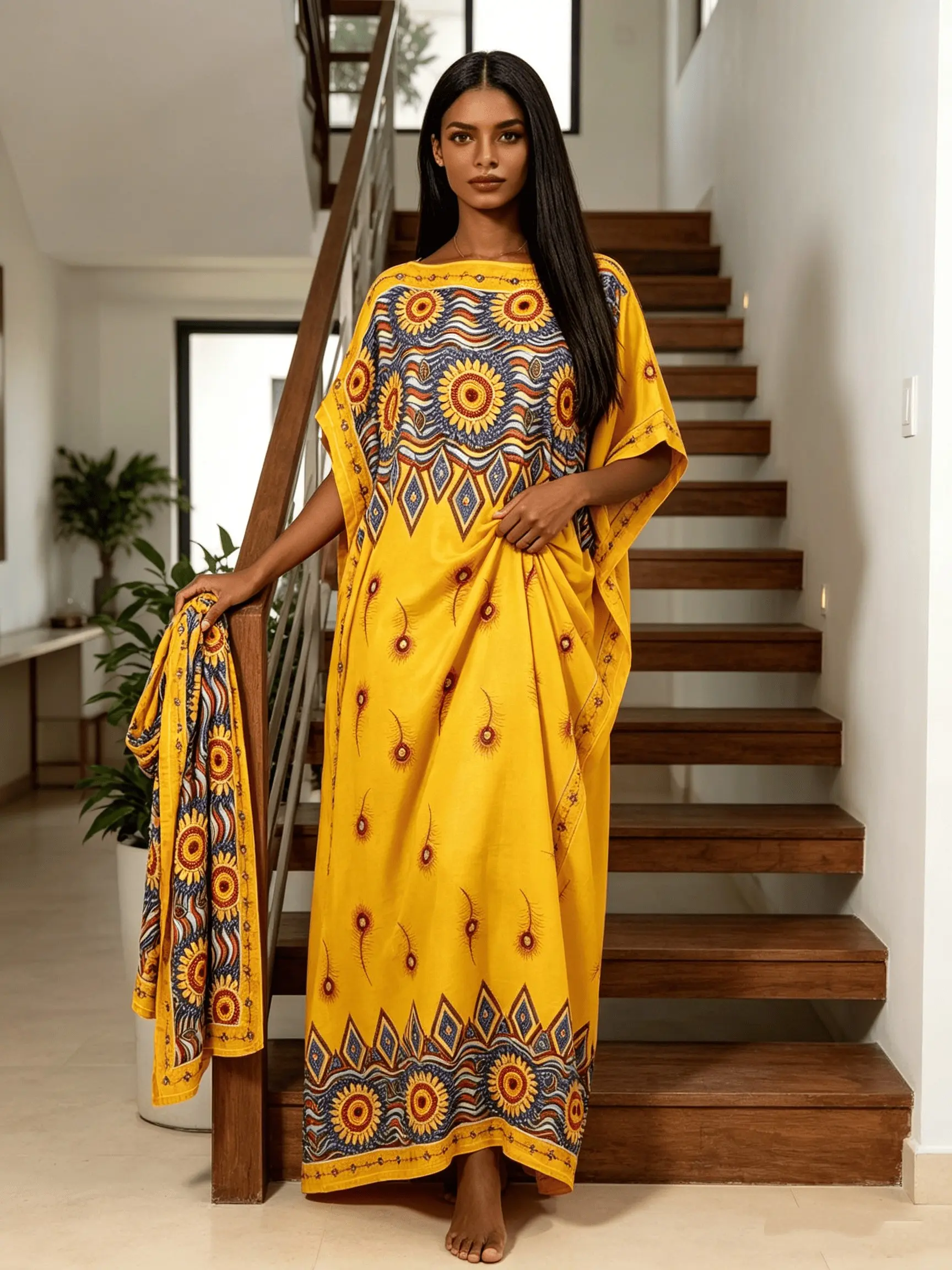 Women Oversized Yellow Vintage Tribal Printed Caftan Maxi Dress Two Piece Outfit With Scarf, Aesthetic, Curvy Friendly Plus Size Beach Cover Up, Soft Casual Resort Wear, Bohemian Lounge Night Gown, Summer Vacation Pool Robe