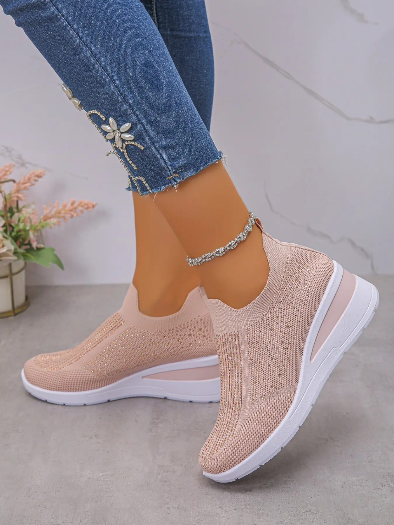 Women's Trendy Rhinestone Knit Lazy Shoes, Breathable Hollow Out Ankle Slope Heel Sports Shoes, Lightweight Thick Sole Height Boosting Shoes