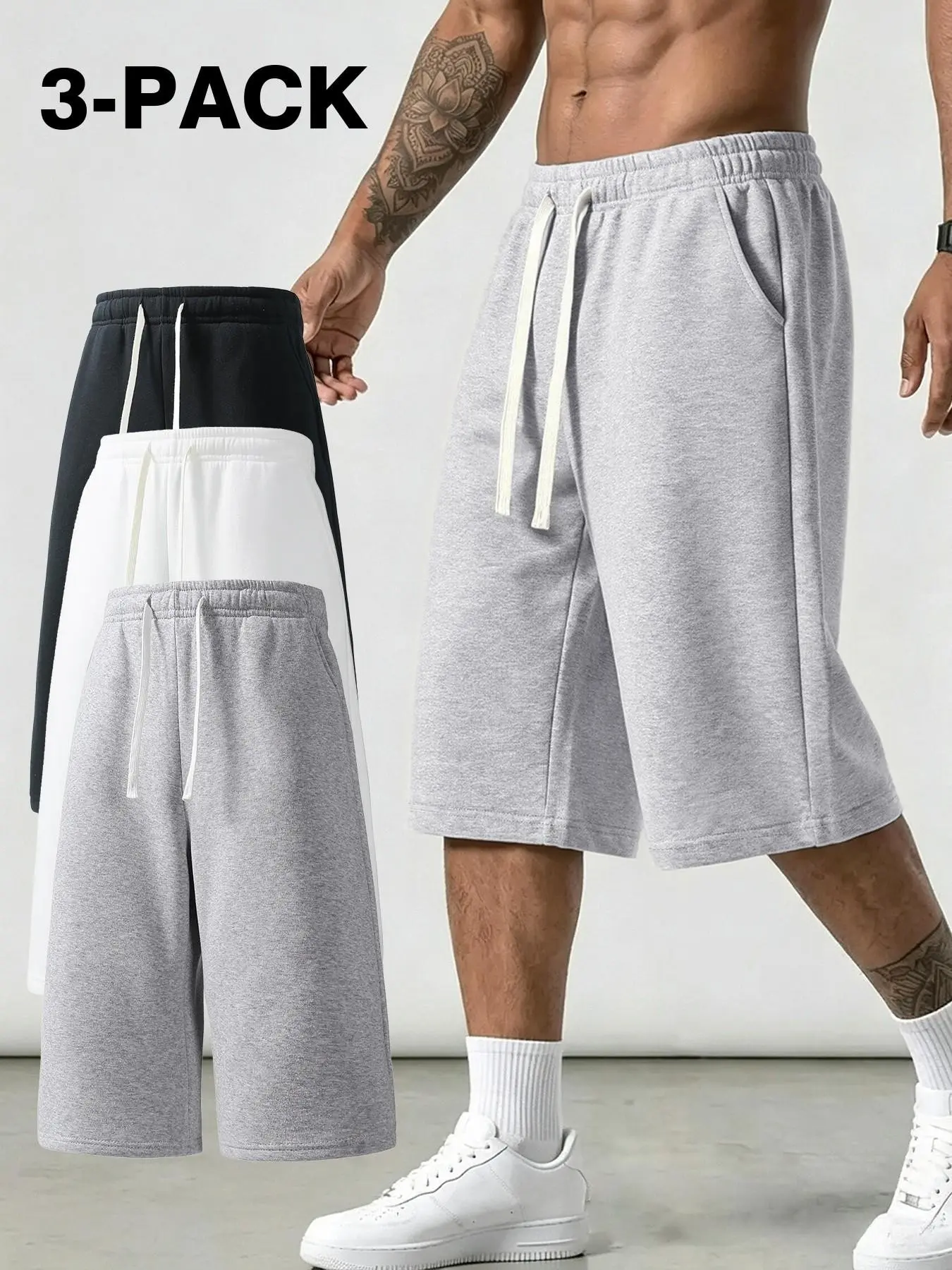 3 Pack Men Casual Knit Sweat Shorts Black White Heather Grey Tones Elastic Waist Adjustable White Drawstring Side Pockets Soft Cotton Fabric Relaxed Cut Daily Lounge Walking Workout Multi-purpose Summer Bottoms
