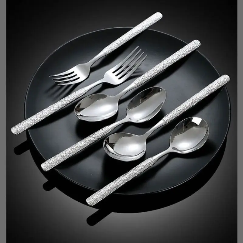 2pcs 304 Stainless Steel Ice Crack Pattern Fork Spoon Set, Hotel Restaurant Serving Utensils, Cutlery Tableware, Non-Bone China, Sexy Style