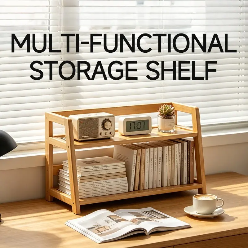 Double Layer Bamboo Desktop Organizer, Hollow Drain Design, Durable Multi-Functional Shelf for Kitchen, Bathroom, Office, Home Use