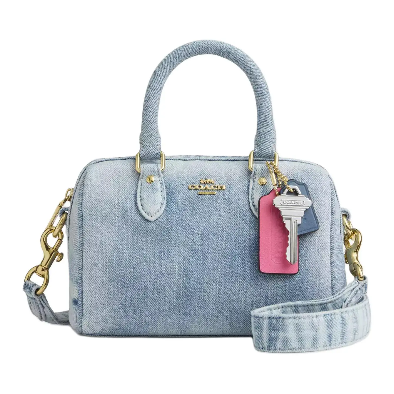 COACH Rowan 17 Denim Boston Crossbody Handbag for Women, Adjustable Strap, Zip Closure, Signature Logo Charm, Light Blue