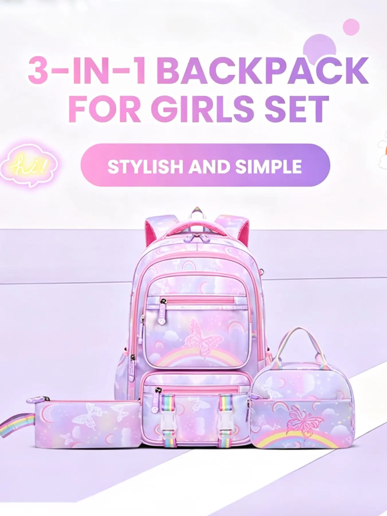 3pcs Gradient Rainbow Butterfly Print Pattern Backpack Set Multi-Layer Zipper Compartments Mesh Padded Shoulder Straps Matching Lunch Tote Bag Stationery Pouch Large Capacity Three-Piece Daily Carry Bag Set for Campus Study Short Trip Casual Daily Outing