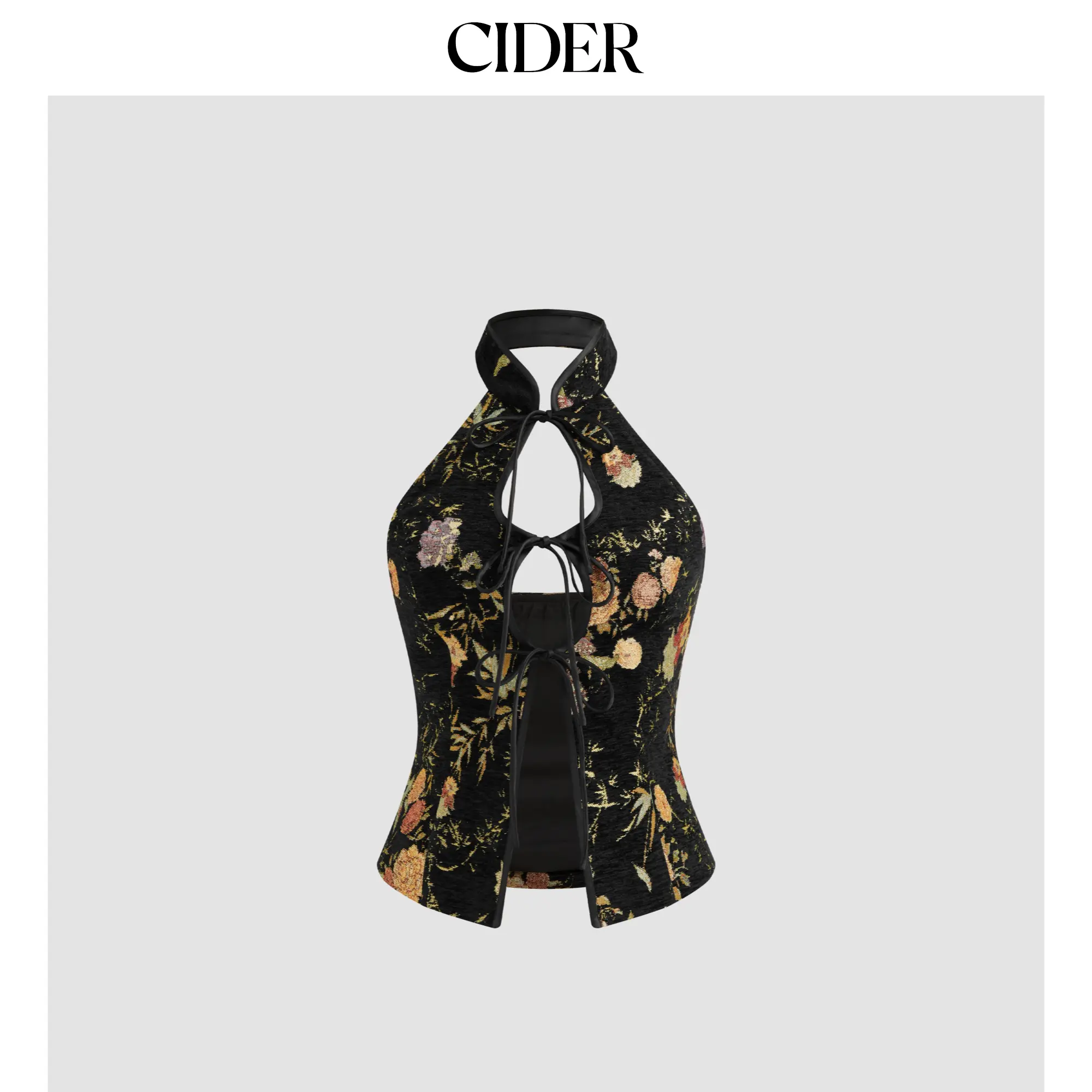 Cider Jacquard Mandarin Collar Floral Tie Front Cut Out Tank Top SummerWins SummerFinds