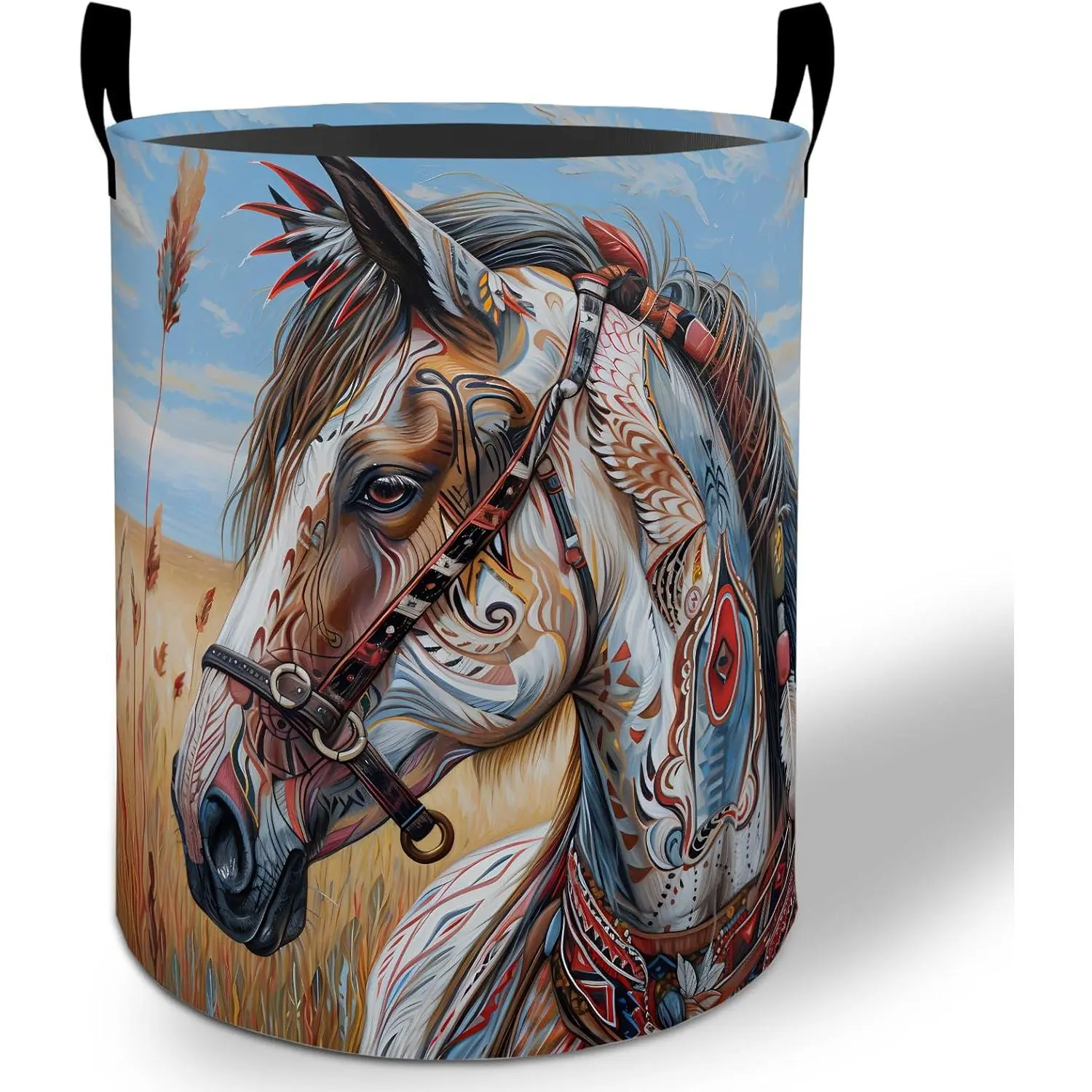 Western Horse Laundry Basket Hamper 19.7"x15.8", Tribal Foldable Waterproof Oxford Clothes Storage Bucket for Room Bathroom Bedroom Nursery Decor, Toy Organizer Bins Gifts for Kids Boys Girls