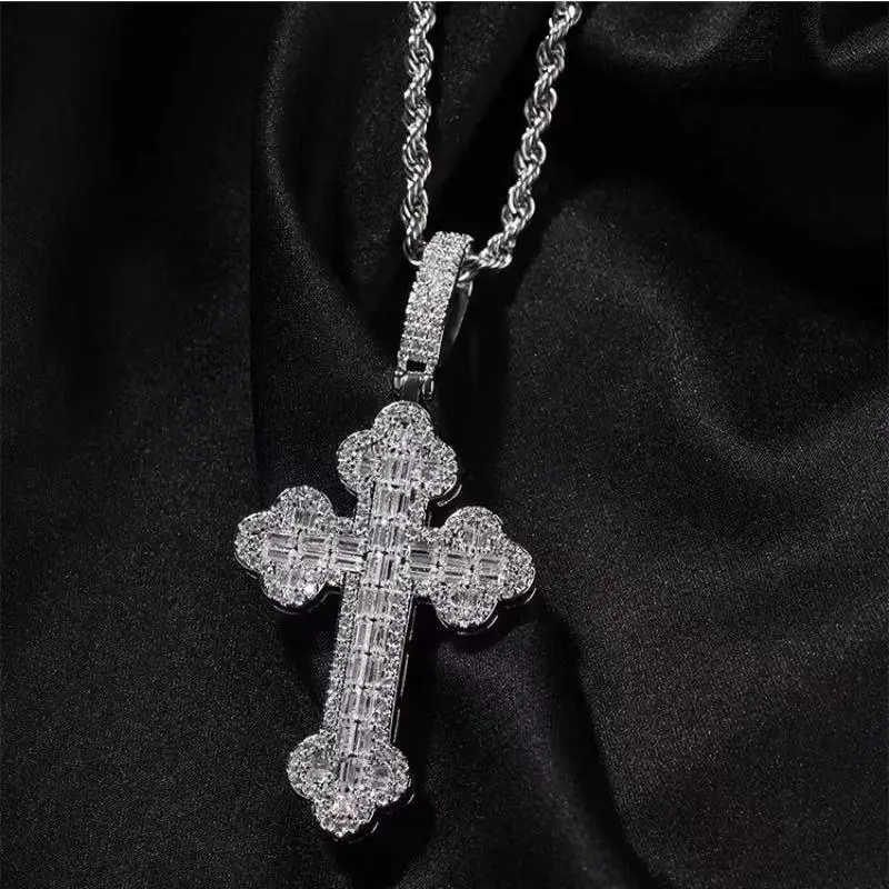 Unisex Bling Pave Cross Shape Pendant Necklace, Casual Daily Wear Iced Out Religious Charm Jewelry, Full Paved Streetwear Hip Hop Accessory, Customizable with Engraved Letters