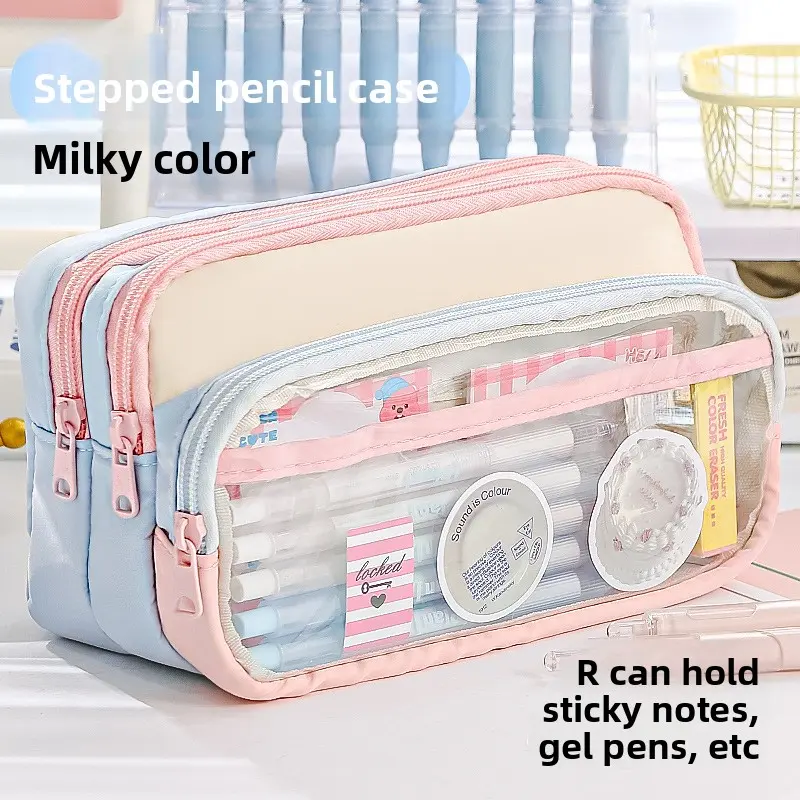 Aesthetic Japanese Style Color Block Pencil Case, Large Capacity Double-Layer Clear Window Stationery Pouch, Multi Compartment Portable Pen Bag, Trendy Desk Organizer for School Students & Office Daily Use tiktokshopbacktoschool