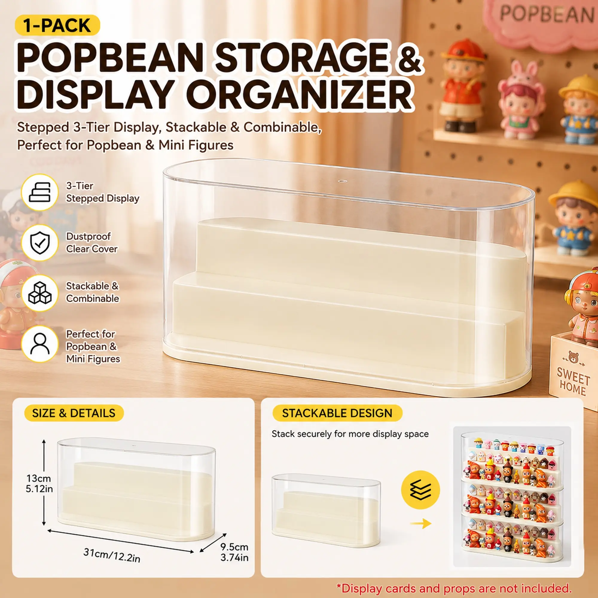 Stackable Figure Display Case with Tiered Step Riser, Clear Cylindrical Showcase Storage Organizer Box with Rounded Edges for Pop Bean, Blind Boxes, Mini Action Figures, Figurines, Small Collectibles