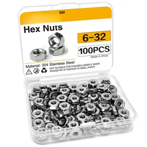 100 count SAE 6-32 Hex Nuts, 304 Stainless Steel Hardware Nuts, Full Thread Hex Drive, for Electrical Boxes, Electronics, Light Fixtures
