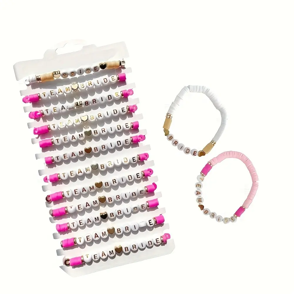 12 Pcs Bride Bridesmaid Beaded Bracelet Set, Romantic Style, Letter Beads, Elastic Design, Wedding Party Gift, Stackable Beaded Bracelet