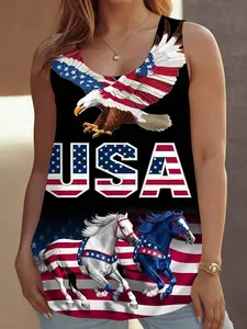 Women's Summer Sleeveless Yoga Top, Independence Day Usa Flag Eagle Horse Print, Durable Soft Breathable, Casual Sporty