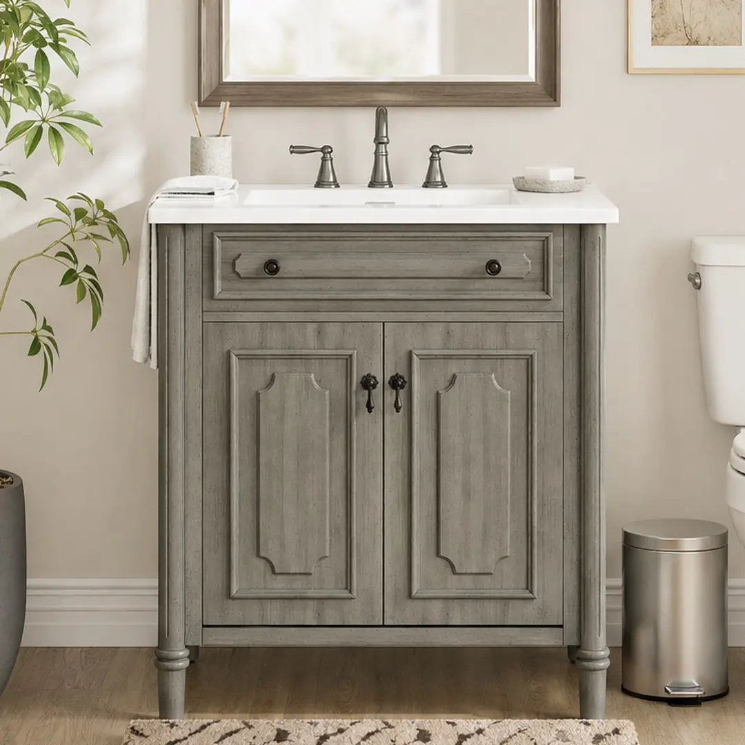 ARCH 30 Inch Vintage Bathroom Vanity with Sink, Antique Gray Rustic Bathroom Cabinet with Soft Close Doors, Adjustable Shelf, Curved Profile Design, Rubber Wood Legs, MDF Construction, for Bathroom Storage and Organization, Antique Gray/Gray Color