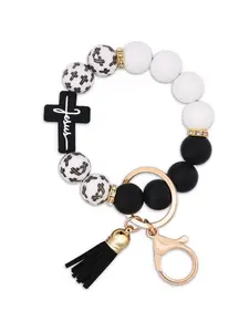 1 Black and White Silicone Bead Keychain Cross Letter Plate Rhinestone Crystal Tassel Pendant Charm Accessory