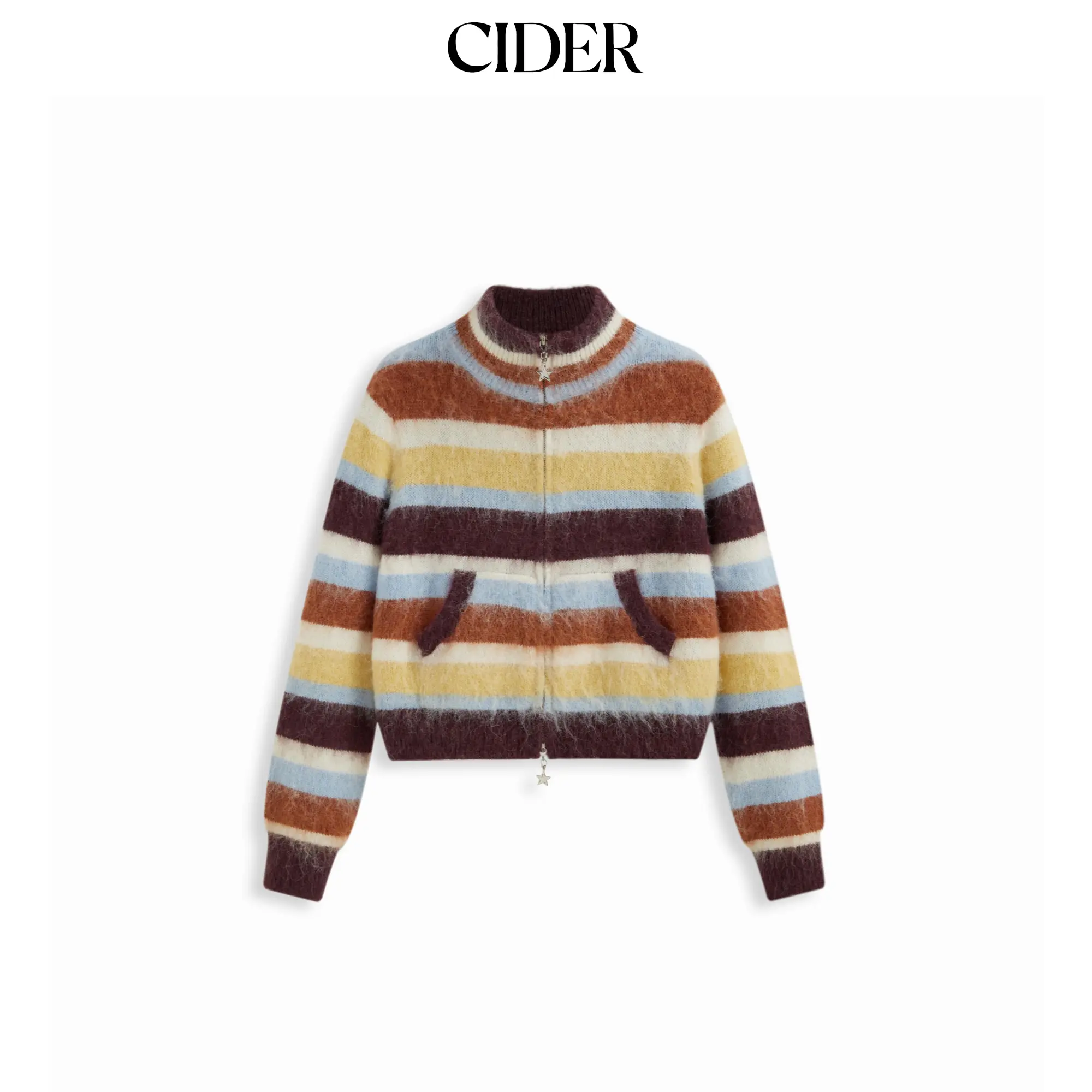 Cider Knit Mohair-blend Stand Collar Striped Zip Through Cardigan SohoChic
