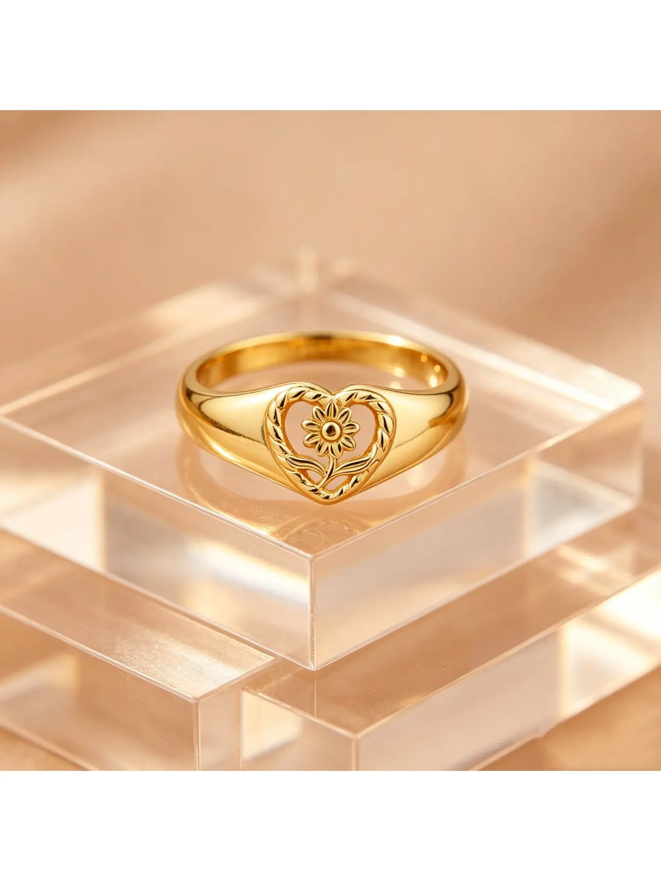 Elongated Wide Twisted Heart Hollow Sunflower Carved engagement ring, bridal ring, artistic soft gift for women, matte polished dual shank for everyday wear, vintage floral jewelry for Valentine Christmas Mother’s Day date anniversary banquets