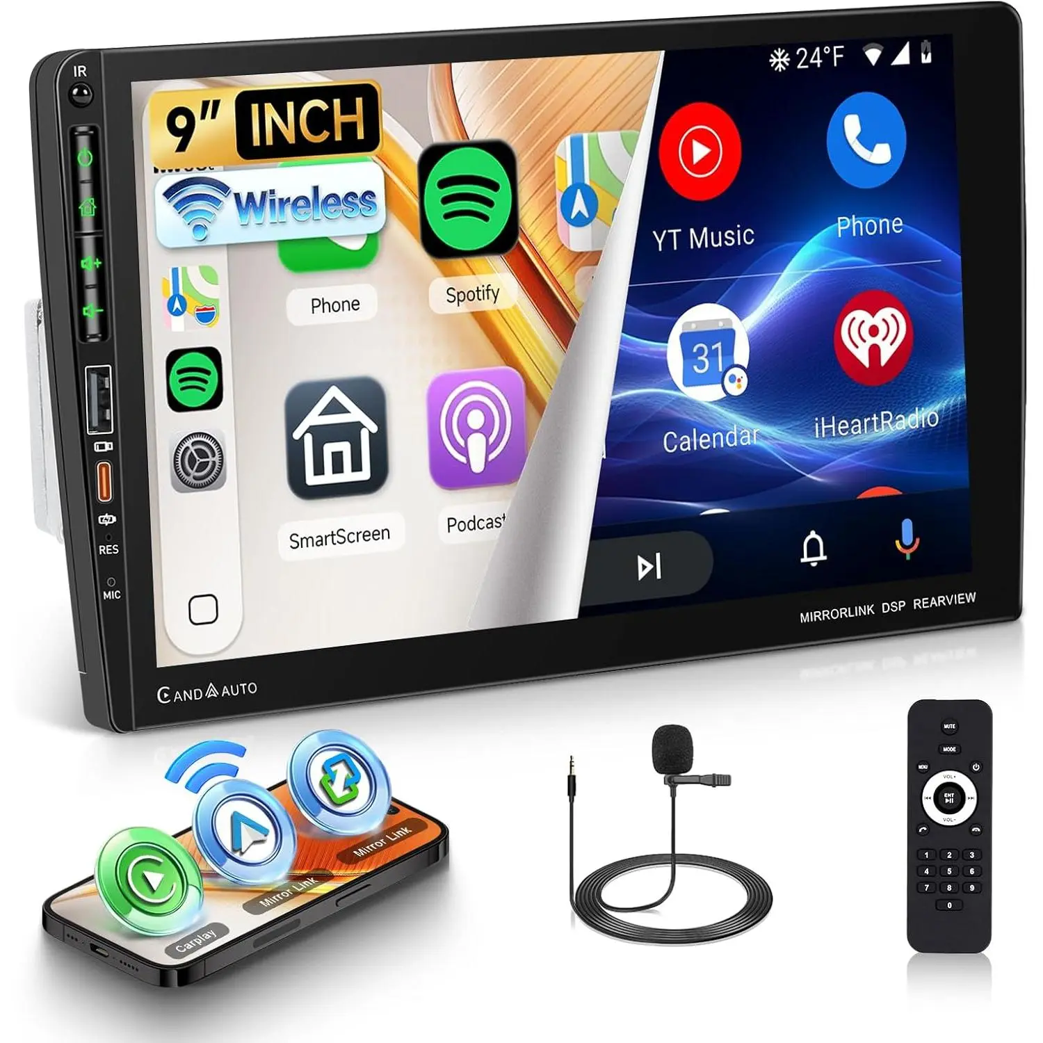 9 In 1-DIN Wireless CarPlay Car Stereo with 12V DC Power, Backlit Touchscreen, Android Auto, Bluetooth, MirrorLink, AM/FM/RDS, Steering Wheel Ctl, Equalizer, USB Type A, Online Video, Rear View Camera Input, Wireless Sync