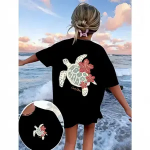 Women's Oversized Round Neck Baggy Cotton Tshirt - Short-Sleeve, Sea Turtle Hibiscus Graphic, Soft, Casual Loose Fit, Uniform Vibe, Everyday Matching Beachy Summer Vacation Sports & Outdoor Top