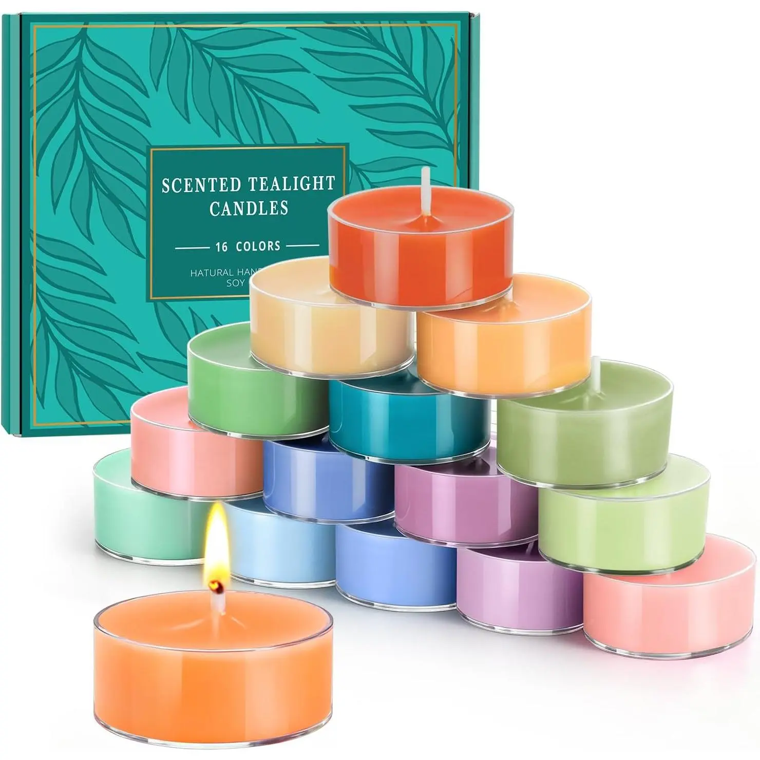 Colored Scented Tealight Candles, 16 Pack Soy Wax Colorful Tea Lights in 4 Scents for Home Decor, Relaxation & Gifts | Long-Lasting | Cedar, Amber Sandalwood, Lavender, Fig & PatchouliGift.