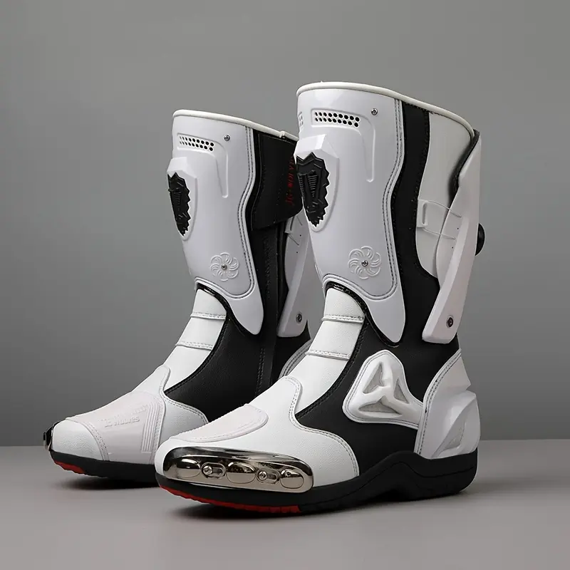 Knob shoelace design,Motorcycle Rider JK-D111 White,Red, Black Autumn and Winter Riding Boots for Men - Windproof Motorcycle Gear with Four Seasons Pull-On Design