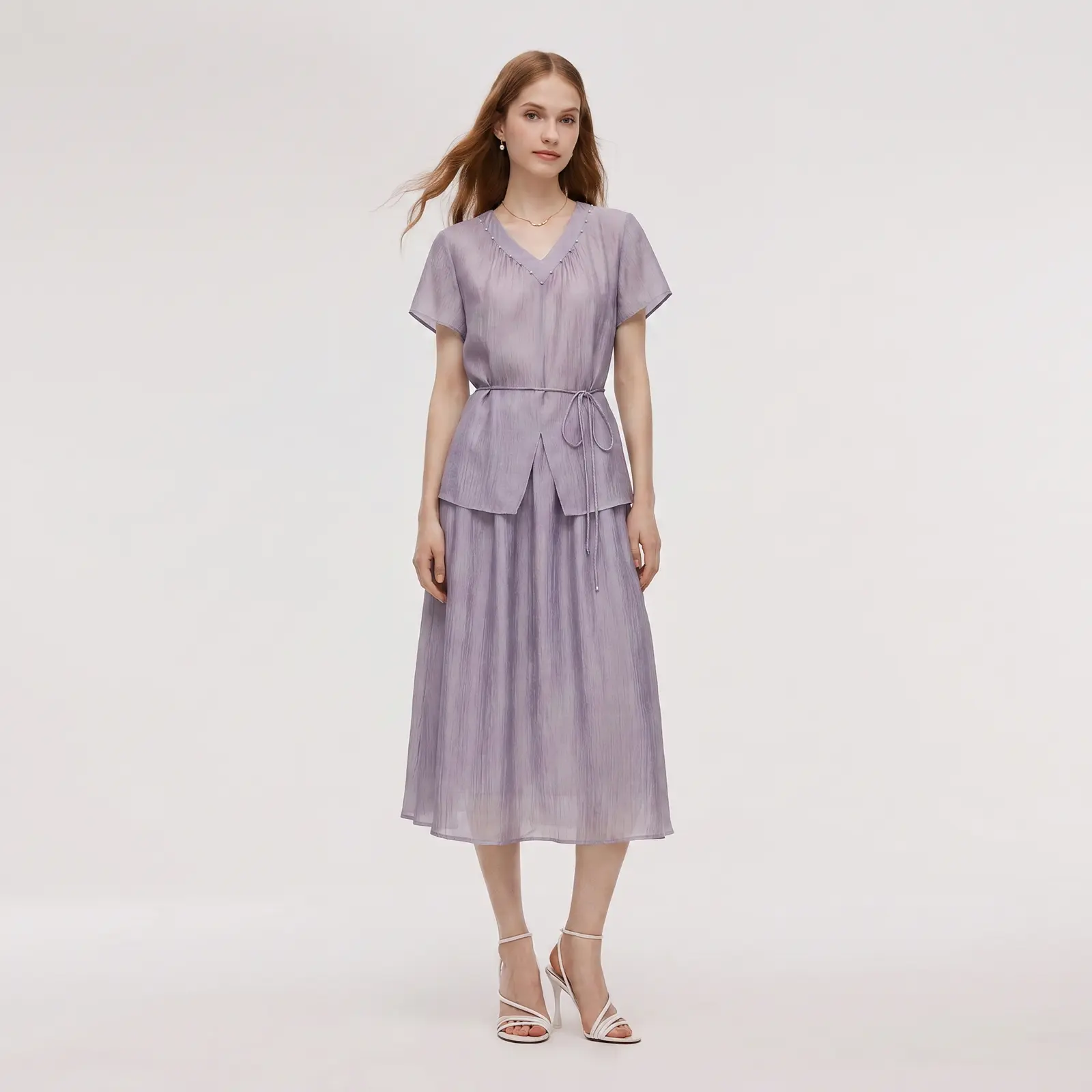 Goelia Acetate  Blend V-Neck Beaded  Top and Half Skirt  Two-Piece Set with Belt for Ladies