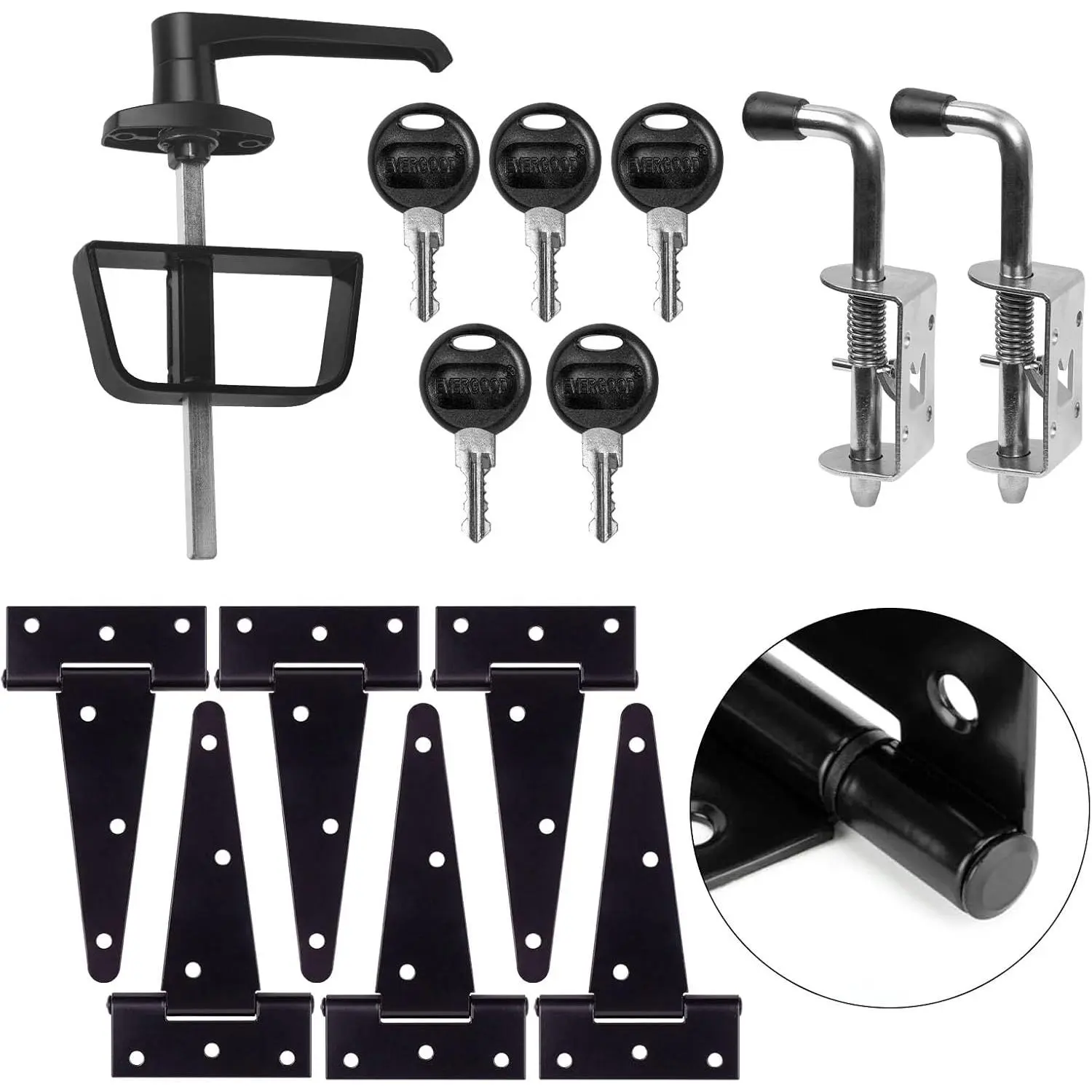 5-Key Double Door Shed Hardware Kit, Complete Set with Hinges, Latches, L-Handle Lock, Window & Door/Window Hinge Set for Gates, Playrooms