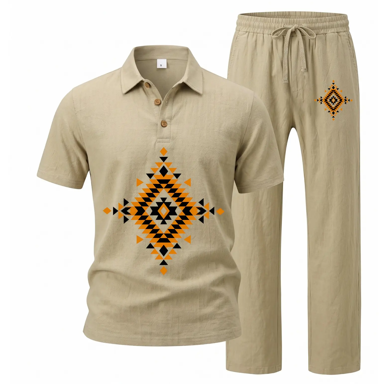 Men's Linen Cotton Polo Shirt and Pants Set, Casual 2 Piece Summer Outfit with Geometric Graphic Design, Lightweight Breathable Matching Set for Beach Vacation, Travel, Resort and Daily Wear