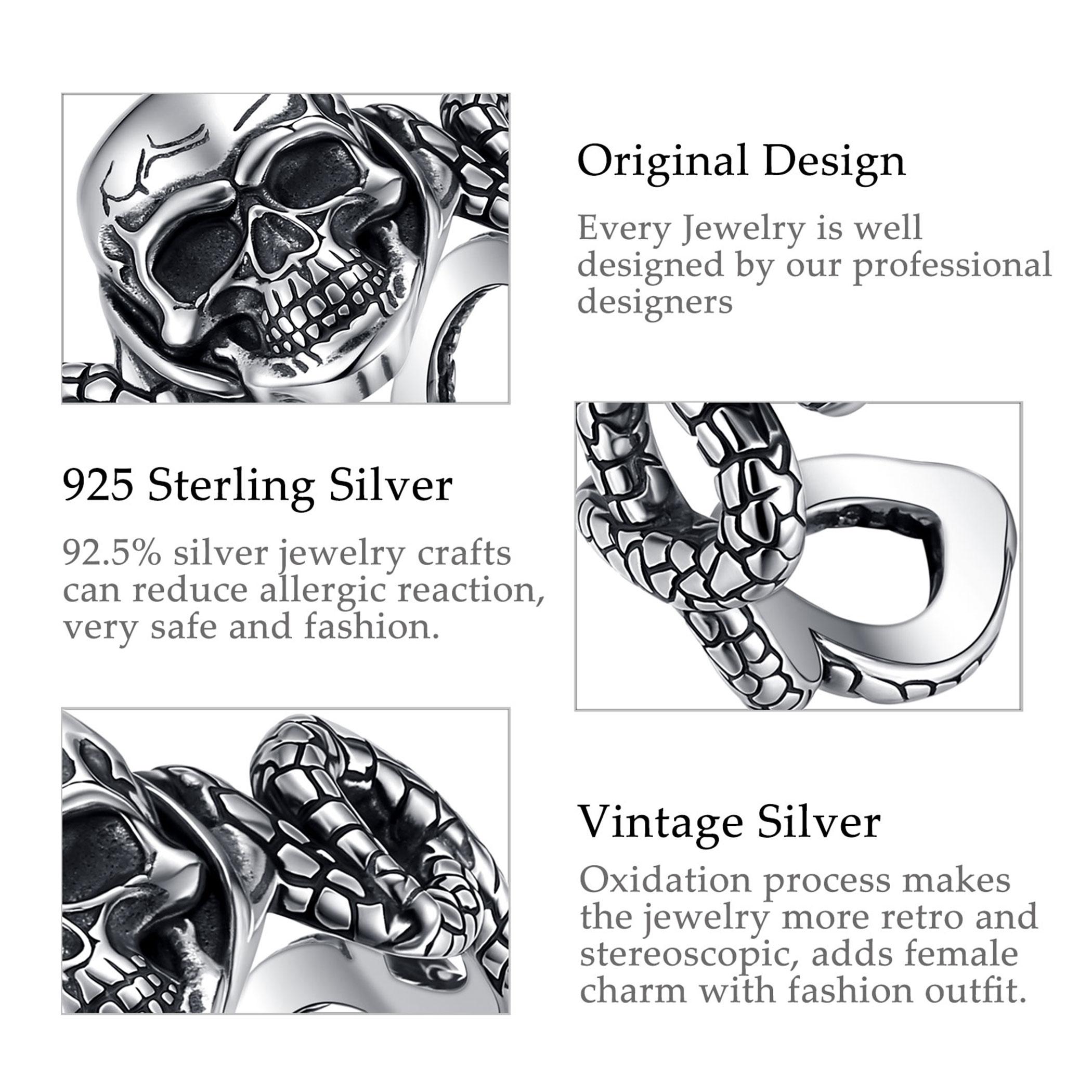 Eudora 925 Sterling Silver Skull Serpent Ring Adjustable Open Band Vintage Oxidized Snake Skeleton Gothic Punk Statement Jewelry for Men Women Eudora 925 Sterling Silver Skull Serpent Ring Adjustable Open Band Vintage Oxidized Snake Skeleton Gothic Punk Statement Jewelry for Men Women