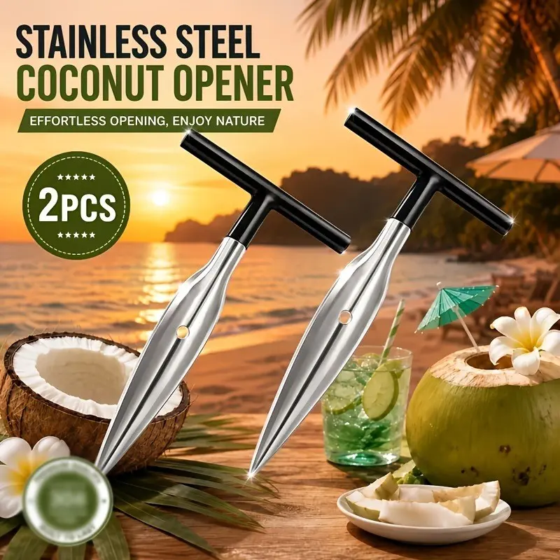 2-Pack Stainless Steel T-Shape Coconut Opener, Universal Tool for Young and Old Coconuts, Portable Coconut Shell Cutter for Juice Extraction