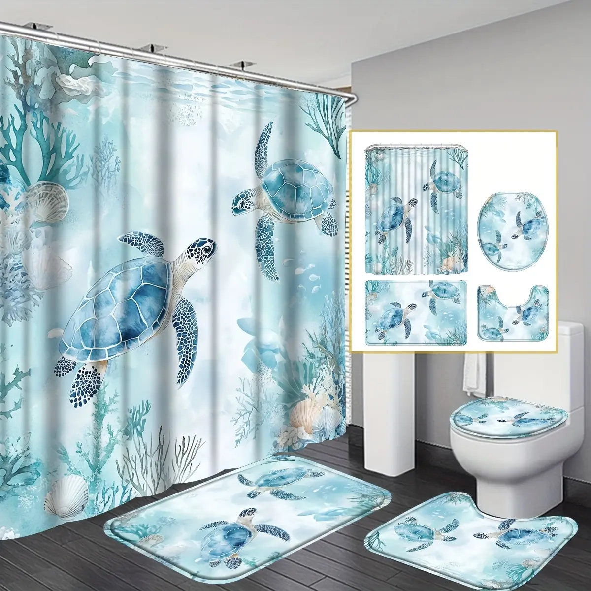 4-Piece turtle shower curtain set, non-slip carpet, toilet cover and U-pad, nautical blue theme for beach or coastal bathrooms, modern home accessories for ocean lovers, Bathroom Decor