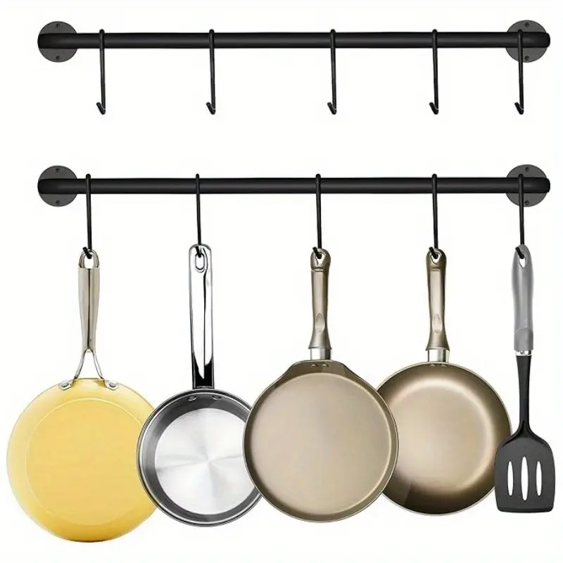 Wall-Mounted Kitchen Utensil Organizer, 1 Rod + 5 S Hooks, Metal Storage Solution, Home Storage Hook, Powder Coated Steel, Hang Pots and Pans