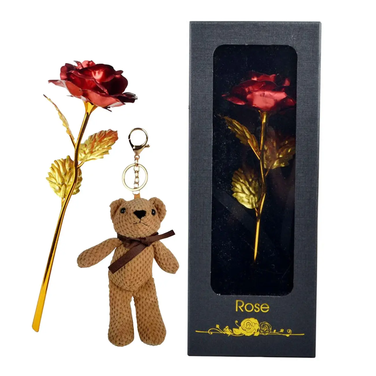 Unique Gift Box Set with Gold Foil Rose Flower, Single Stem Design Box with Card, Rose + Teddy Bear, Romantic Handmade Gift for Valentine's Day
